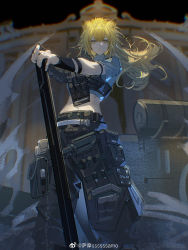 Rule 34 | 1girl, animal ears, arknights, black pants, blonde hair, blunt bangs, building, closed mouth, crop top, feet out of frame, grey shirt, highres, holding, holding weapon, lion ears, long hair, midriff, night, off shoulder, official alternate costume, outdoors, pants, ponytail, pouch, samo (shichun samo), shirt, short sleeves, siege (arknights), siege (city destroyer) (arknights), solo, standing, weapon, yellow eyes