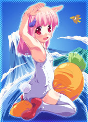 Rule 34 | 1girl, armpits, arms up, bird, carrot, child, eggplant, emina, hair ornament, hairclip, highres, looking at viewer, looking back, mountain, one-piece swimsuit, original, pink hair, rabbit tail, red eyes, school swimsuit, short hair, solo, swimsuit, tail, thighhighs, volcano, white school swimsuit, white one-piece swimsuit