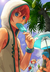Rule 34 | 1girl, 2boys, akke, asbel lhant, ball, beachball, blue eyes, blue hair, book, brothers, brown hair, food, glasses, hood, hubert ozwell, multicolored hair, multiple boys, official alternate costume, palm tree, pascal (tales), popsicle, red hair, siblings, snorkel, tales of (series), tales of graces, tree, two-tone hair, umbrella, white hair