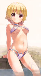 Rule 34 | 1girl, arm support, arms behind back, bad id, bad pixiv id, bikini, blonde hair, breasts, expressionless, halterneck, highres, medium breasts, navel, o-ring, o-ring bottom, o-ring top, original, partially submerged, pool, poolside, red eyes, sawada yuusuke, sitting, soaking feet, solo, submerged, swimsuit, underboob, water