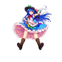 Rule 34 | 1girl, black headwear, blue hair, blue skirt, boots, bow, bowtie, brown footwear, center frills, closed mouth, cross-laced clothes, food, frilled skirt, frills, fruit, full body, game cg, highres, hinanawi tenshi, holding, leaf, long hair, looking at viewer, peach, red bow, red bowtie, red eyes, rotte (1109), shirt, short sleeves, simple background, skirt, smile, solo, third-party source, touhou, touhou lostword, white background, white shirt