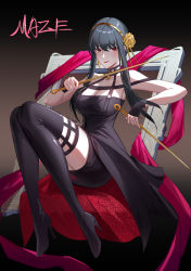Rule 34 | 1girl, artist name, black background, black dress, black gloves, black hair, black thighhighs, blush, boots, breasts, cleavage, closed mouth, dagger, dark background, dress, dual wielding, earrings, fingerless gloves, flower, full body, gloves, gold earrings, gold hairband, gradient background, hair flower, hair ornament, hairband, high heel boots, high heels, highres, holding, holding dagger, holding knife, holding weapon, jewelry, knife, large breasts, lipstick, long hair, makeup, maze (sherlock5230), picture frame, red eyes, red lips, red ribbon, ribbon, rose, short hair with long locks, sidelocks, sitting, solo, spikes, spy x family, thigh boots, thighhighs, two-sided dress, two-sided fabric, weapon, yor briar, zettai ryouiki