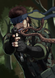 Rule 34 | 1boy, 5ta2 5, absurdres, aiming, ammunition pouch, bandana, beard, big boss, black gloves, blue eyes, blurry, blurry background, branch, brown hair, camouflage, eyepatch, facial hair, fingerless gloves, forest, fork, gloves, gun, handgun, highres, holding, holding fork, holding gun, holding weapon, looking at viewer, male focus, metal gear (series), metal gear solid 3: snake eater, motion blur, mullet, naked snake, nature, open mouth, outdoors, pistol, pouch, snake, solo, teeth, tree, weapon