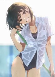 Rule 34 | 1girl, absurdres, black hair, blue one-piece swimsuit, blurry, blurry background, breast pocket, breasts, broom, brown eyes, cleavage, collared shirt, cowboy shot, dated, gluteal fold, grin, groin, head tilt, highres, holding, holding broom, looking at viewer, morikura en, new school swimsuit, no pants, one-piece swimsuit, original, pocket, scan, school swimsuit, shirt, short hair, short sleeves, skindentation, smile, solo, swimsuit, swimsuit under clothes, twitter username, water drop, wet, wet clothes, wet shirt, white shirt