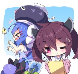 Rule 34 | &gt; &lt;, +++, 2girls, :d, animal, bare arms, bare shoulders, black headwear, blue dress, blue flower, blue hair, blush, brown hair, bug, butterfly, chibi, closed eyes, closed mouth, collared shirt, commentary request, drawing, dress, eel hat, fang, flower, glasses, gradient dress, gradient hair, hair between eyes, hair ornament, hairclip, headgear, highres, insect, jacket, long hair, milkpanda, multicolored hair, multiple girls, off shoulder, one eye closed, open clothes, open jacket, open mouth, otomachi una, otomachi una (talkex), pink dress, pink jacket, profile, purple hair, red-framed eyewear, red eyes, sailor collar, sailor dress, shirt, sleeveless, sleeveless dress, smile, sweat, talkex, thick eyebrows, touhoku kiritan, twintails, very long hair, voiceroid, wavy mouth, white sailor collar, white shirt, xd