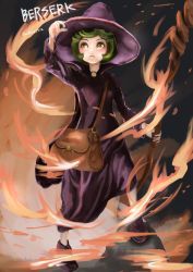 Rule 34 | 1girl, 5080t, bad id, bad pixiv id, bag, berserk, child, closed mouth, fire, green eyes, green hair, hat, holding, holding staff, looking to the side, schierke (berserk), solo, staff, standing, witch, witch hat