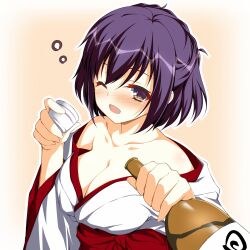 Rule 34 | 1girl, 9-nine-, :d, asagi nanami, bare shoulders, blush, border, bottle, breasts, cleavage, collarbone, commentary request, cup, drunk, eyelashes, gradient background, hair between eyes, hakama, half updo, happy, highres, holding, holding bottle, holding cup, japanese clothes, kimono, large breasts, long sleeves, looking at viewer, medium hair, miko, naruse satsuki, no bra, nose blush, off shoulder, one eye closed, open mouth, orange background, purple hair, red hakama, sake bottle, simple background, smile, solo, upper body, white border, white kimono, wide sleeves, yellow eyes