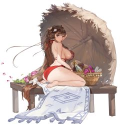 Rule 34 | 1girl, ass, bare legs, barefoot, basket, beach umbrella, blue eyes, bottle, breasts, brown hair, carpet, champagne bottle, covered erect nipples, cup, daphne (last origin), drinking glass, floral print, flower, food, from side, fruit, full body, game cg, grapes, hair ornament, highres, huge breasts, large breasts, last origin, leaf, long hair, looking at viewer, looking back, low-tied long hair, median furrow, official alternate costume, official art, on table, one-piece swimsuit, pearl hair ornament, petals, purple flower, red one-piece swimsuit, rorobomb, seashell, seiza, shadow, shell, shell hair ornament, shiny skin, shoulder blades, sideboob, sitting, skindentation, smile, solo, swimsuit, table, tachi-e, thick thighs, thighs, transparent background, umbrella, very long hair, white one-piece swimsuit, wristband
