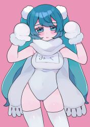 Rule 34 | 1girl, absurdres, blue eyes, blue hair, blush, covered navel, fur-trimmed mittens, fur trim, hair ornament, hands up, hatsune miku, highres, long hair, looking at viewer, mittens, one-piece swimsuit, parted lips, pink background, pom pom (clothes), pom pom hair ornament, rere soft, scarf, school swimsuit, solo, swimsuit, translation request, twintails, very long hair, vocaloid