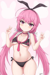 Rule 34 | 1girl, absurdres, bare arms, bare shoulders, bikini, black bikini, black hairband, black ribbon, blush, breasts, closed mouth, commentary request, copyright request, cropped legs, frilled bikini, frills, gluteal fold, groin, hair between eyes, hair ribbon, hairband, hands up, highres, long hair, low twintails, medium breasts, navel, pink background, pink hair, purple eyes, rabbit background, red neckwear, ribbon, sato art, side-tie bikini bottom, signature, smile, solo, swimsuit, twintails, very long hair