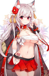 Rule 34 | 1girl, :3, absurdres, animal ear fluff, animal ears, azur lane, bandaged arm, bandages, black coat, blush, breasts, budget sarashi, claw pose, cleavage, closed mouth, coat, collar, commentary request, cowboy shot, dog ears, dog tail, floral background, flower, groin, hair flower, hair ornament, hand up, highres, hip vent, jacket, jacket on shoulders, lebring, looking at viewer, medium breasts, miniskirt, nail polish, navel, panties, pleated skirt, red eyes, red flower, red nails, red skirt, sarashi, side-tie panties, silver hair, skirt, smile, solo, spiked collar, spikes, standing, stomach, tail, tassel, tattoo, thick eyebrows, underboob, underwear, white flower, white panties, yuudachi (azur lane), yuudachi (shogun of snowballs) (azur lane)