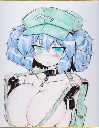 Rule 34 | 1girl, alternate costume, areola slip, backpack, bag, bare shoulders, blue eyes, blue hair, blush, breasts, cleavage, collar, collarbone, colored pencil (medium), fingerless gloves, gloves, hair bobbles, hair ornament, hat, kawashiro nitori, key, large breasts, looking at viewer, matching hair/eyes, nipples, okiraku nikku, shikishi, short hair, simple background, solo, touhou, traditional media, twintails, two side up, upper body, white background