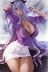 Rule 34 | 1girl, alternate costume, arm behind head, arms up, black panties, breasts, camilla (fire emblem), cleavage, closed mouth, collared shirt, commentary, english commentary, eyes visible through hair, fire emblem, fire emblem fates, hair over one eye, hand in own hair, large breasts, long hair, looking at viewer, nail polish, nintendo, office lady, olchas, panties, partially unbuttoned, patreon logo, patreon username, pencil skirt, purple eyes, purple hair, purple shirt, shirt, shirt tucked in, sitting, skirt, smile, solo, thighs, underwear, very long hair, white shirt