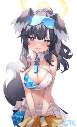 Rule 34 | 1girl, animal ears, black hair, blue archive, blue eyes, blush, breasts, cleavage, dog boy, dog ears, dog tail, eyewear on head, goggles, goggles on head, halo, hibiki (blue archive), hibiki (cheer squad) (blue archive), highres, holding, holding pom poms, large breasts, long hair, looking at viewer, millennium cheerleader outfit (blue archive), nose blush, parted lips, pleated skirt, pom pom (cheerleading), pom poms, ponytail, saiki komari, simple background, skirt, solo, star (symbol), sticker, sticker on face, tail, white background