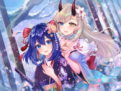 Rule 34 | 2girls, bare tree, blue eyes, blush, bow, brushing another&#039;s hair, brushing hair, detached collar, dress, earrings, flower, grey hair, hair bow, hair flower, hair ornament, hairclip, hand on own chest, heterochromia, highres, horns, japanese clothes, jewelry, kanzashi, kimono, long hair, looking at another, mizunozumi, multiple girls, open mouth, outdoors, panilla the revival, petals, sheath, sheathed, side slit, smile, snowing, sword, tree, very long hair, weapon, yellow eyes, yuugao (panilla the revival)