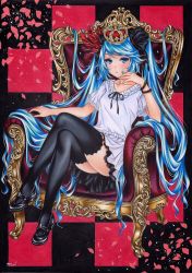 Rule 34 | 1girl, aqua hair, bad id, bad twitter id, black skirt, black thighhighs, blue eyes, breasts, collarbone, colored pencil (medium), crossed legs, crown, feathers, full body, hair ribbon, hatsune miku, highres, inuono mama, long hair, looking at viewer, mary janes, nail polish, petals, ribbon, shoes, short sleeves, signature, sitting, skirt, small breasts, solo, thighhighs, throne, traditional media, twintails, very long hair, vocaloid, world is mine (vocaloid)