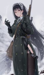 Rule 34 | 1girl, absurdres, bag, between fingers, black gloves, black hair, black hairband, black ribbon, black thighhighs, breasts, cigarette, coat, collared shirt, commentary, day, english commentary, frilled hair tubes, frills, garter straps, gloves, goback, green coat, gun, hair tubes, hairband, highres, holding, holding cigarette, long hair, long sleeves, looking at viewer, medium breasts, mole, mole under eye, neck ribbon, original, outdoors, parted lips, red eyes, ribbon, scope, shirt, shoulder bag, snowing, solo, standing, thighhighs, very long hair, weapon, weapon request, white shirt