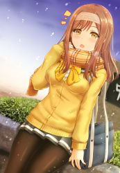 Rule 34 | 1girl, :o, artist name, artist request, bag, blue sky, blush, breasts, brown eyes, brown hair, carrying bag, cloud, eyebrows, female focus, grey skirt, hair between eyes, headband, highres, holding, holding clothes, holding scarf, inanaki shiki, kunikida hanamaru, light brown hair, long hair, long sleeves, looking at viewer, love live!, love live! sunshine!!, matching hair/eyes, miniskirt, orange scarf, outdoors, pantyhose, parted lips, pleated skirt, scarf, school uniform, skirt, sky, sleeves past wrists, small breasts, solo, sweater, yellow eyes
