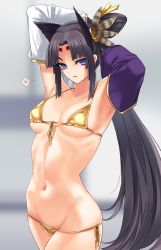 Rule 34 | 1girl, armpits, arms behind head, arms up, asymmetrical sleeves, bikini, black hair, blue eyes, breasts, detached sleeves, fate/grand order, fate (series), feather hair ornament, feathers, gachou, gold bikini, hair bun, hair ornament, hat, highres, long hair, looking at viewer, medium breasts, mismatched sleeves, navel, parted bangs, side bun, side ponytail, sidelocks, single hair bun, single side bun, smile, solo, swimsuit, thighs, ushiwakamaru (fate), very long hair, wide sleeves