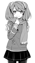 Rule 34 | 10s, 1girl, arm behind back, blush, cowboy shot, greyscale, kantai collection, long sleeves, looking at viewer, monochrome, nagomi (mokatitk), pantyhose, pleated skirt, ribbon, ryuujou (kancolle), scarf, simple background, skirt, smile, solo, twintails, white background