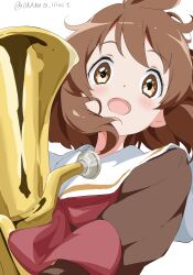 Rule 34 | 1girl, :d, absurdres, blush, brown eyes, brown hair, brown shirt, euphonium, hibike! euphonium, highres, holding, holding instrument, instrument, kitauji high school uniform, long sleeves, looking at viewer, neckerchief, open mouth, oumae kumiko, red neckerchief, sailor collar, school uniform, serafuku, shirt, short hair, signature, simple background, smile, solo, uniform, white background, white gorilla (okamoto), white sailor collar
