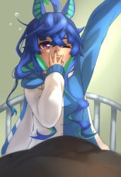 Rule 34 | 1girl, :o, @ @, ahoge, animal ears, arm up, bed, blue hair, blue nails, commentary, covering own mouth, crossed bangs, ear covers, green hair, hair between eyes, highres, horse ears, indoors, long hair, long sleeves, messy hair, multicolored hair, multicolored nails, nail polish, on bed, one eye closed, open mouth, purple eyes, sharp teeth, sidelocks, signature, sitting, solo, streaked hair, tears, teeth, thin (suzuneya), twin turbo (umamusume), two-tone hair, umamusume, under covers, upper body, waking up, yawning