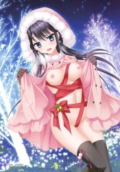 Rule 34 | 1girl, absurdres, aqua eyes, bare tree, bell, black gloves, black hair, black thighhighs, blush, bottomless, breasts, breath, coat, earrings, floral flowlove, fur trim, gloves, highres, holly, jewelry, long hair, medium breasts, naked coat, naked ribbon, navel, nipples, no bra, open clothes, open coat, open mouth, opened by self, ribbon, snowflake earrings, solo, thighhighs, tokisaka nanao, toranosuke, tree, unbuttoned, wavy mouth