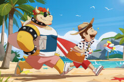 Rule 34 | 2boys, :d, animal print, arm up, armlet, artist name, bag, beach, bird, black collar, blue sky, blue tank top, bowser, box, bracelet, brown hair, brown headwear, cheep cheep, closed mouth, cloud, cody soh, collar, collared shirt, commentary, commentary request, day, english commentary, facial hair, fang, fang out, fish, fish print, flip-flops, grass, hand on headwear, hat, highres, holding, holding bag, holding surfboard, horns, jewelry, luigi, male focus, mario (series), mountainous horizon, multiple boys, mustache, nintendo, notice lines, open mouth, orange bag, outdoors, palm tree, pink shorts, profile, red hair, red shorts, rock, sand, sandals, shadow, shirt, shoes, short hair, short sleeves, shorts, sky, smile, spiked armlet, spiked bracelet, spiked collar, spiked shell, spikes, starfish, straw hat, sunglasses, surfboard, tackle box, tank top, tree, turtle shell, unworn eyewear, walking, water, whale print, white footwear, white shirt, white tank top, wing collar