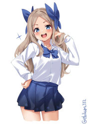 Rule 34 | 1girl, asakaze (kancolle), blonde hair, blue eyes, blue ribbon, blue skirt, blush, buttons, collarbone, collared shirt, cowboy shot, cropped legs, ebifurya, hair ribbon, highres, kantai collection, long hair, long sleeves, open mouth, parted bangs, pleated skirt, ribbon, shirt, simple background, skirt, smile, solo, teeth, twitter username, upper teeth only, white background, white shirt
