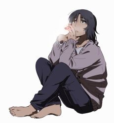 Rule 34 | 1boy, barefoot, black eyes, black hair, black pants, cigarette, full body, grey sweater, hands up, holding, holding cigarette, knees up, long sleeves, looking up, male focus, marutei2, mr. koiwai, open mouth, pants, shirt, short hair, simple background, sitting, smoking, solo, sweater, white background, white shirt, yotsubato!
