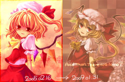 Rule 34 | 1girl, blonde hair, comparison, english text, female focus, flandre scarlet, frills, hat, one side up, red eyes, rinka, side ponytail, then and now, touhou, vampire, wings