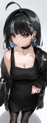Rule 34 | 1girl, absurdres, black choker, black dress, black hair, black jacket, black pantyhose, blue hair, breasts, brown eyes, choker, cleavage, commentary, cross, cross earrings, dress, earrings, english commentary, hair ornament, highres, irene (kanniiepan), jacket, jewelry, kanniiepan, large breasts, looking at viewer, mole, mole on breast, multicolored hair, open clothes, open jacket, original, pantyhose, parted lips, short hair, single earring, sleeveless, sleeveless dress, solo, standing, two-tone hair, x hair ornament