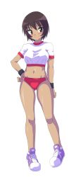 Rule 34 | 1girl, arm at side, azumanga daiou, bare arms, bare legs, bichosan, blush, brown eyes, brown hair, buruma, closed mouth, cropped shirt, full body, gym uniform, hair between eyes, hand on own hip, highres, kagura (azumanga daioh), looking to the side, midriff, navel, shirt, shoes, short hair, short sleeves, simple background, smile, sneakers, solo, standing, tan, white background, wristband