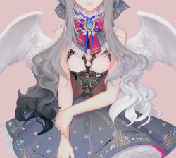 Rule 34 | 1girl, angel wings, bare shoulders, blue skirt, bow, breasts, brooch, corset, cowboy shot, dadachyo, gradient hair, grey hair, hair bow, harness, head out of frame, jewelry, lace, lace trim, layered skirt, light smile, long hair, multicolored hair, o-ring, original, ribbon, skirt, solo, wings