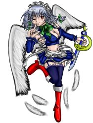 Rule 34 | 1girl, armpits, braid, breasts, cleavage, covered erect nipples, detached sleeves, artistic error, feathers, female focus, garter straps, izayoi sakuya, lace, lace-trimmed legwear, lace trim, large breasts, magical girl, maid, midriff, navel, one eye closed, red eyes, satoyan, skirt, solo, thighhighs, touhou, twin braids, white background, wings, wink