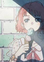 Rule 34 | 1girl, blue eyes, blush, brick wall, collarbone, earrings, food, holding, holding food, ice cream, jewelry, licking, mole, mole under eye, nanase774938, original, painting (medium), red hair, red ribbon, ribbon, see-through, short hair, solo, tongue, traditional media, upper body, watch, watercolor (medium)