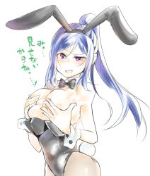 Rule 34 | 1girl, animal ears, ass, bare arms, bare shoulders, blue hair, blush, bow, bowtie, breast hold, breasts, breasts out, cleavage, covering privates, covering breasts, fake animal ears, large breasts, leotard, long hair, love live!, love live! sunshine!!, matsuura kanan, navel, open mouth, osyakana, pantyhose, playboy bunny, ponytail, purple eyes, rabbit ears, rabbit tail, tail, translation request