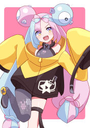 Rule 34 | 1girl, :d, absurdres, aqua hair, bow-shaped hair, character hair ornament, commentary request, creatures (company), ekomori eko, eyelashes, game freak, grey shirt, hair ornament, highres, iono (pokemon), jacket, leg up, long hair, nintendo, open mouth, pink eyes, pink hair, pokemon, pokemon sv, sharp teeth, shirt, sleeveless, sleeveless shirt, sleeves past fingers, sleeves past wrists, smile, solo, star (symbol), star print, teeth, thigh strap, tongue, twintails, upper teeth only, yellow jacket