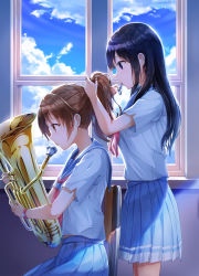 Rule 34 | 2girls, adjusting hair, backlighting, bad id, bad pixiv id, black hair, blue sailor collar, blue skirt, blue sky, brown hair, chair, cloud, cloudy sky, commentary request, day, from side, hair tie in mouth, hibike! euphonium, highres, holding, holding instrument, indoors, instrument, kousaka reina, long hair, lunacle, mouth hold, multiple girls, neckerchief, oumae kumiko, pleated skirt, ponytail, profile, red neckerchief, revision, sailor collar, school uniform, serafuku, shirt, short sleeves, sidelocks, sitting, skirt, sky, standing, tuba, watch, white shirt, window, wristwatch