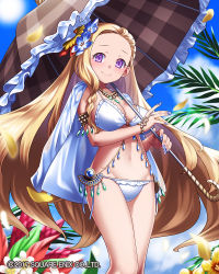 Rule 34 | 1girl, armlet, bad id, bad pixiv id, bikini, blue nails, blue sky, blush, breasts, brown umbrella, dated, day, flower, frilled underwear, groin, hair flower, hair ornament, hm (tolosalmon), isis (venus rumble), jewelry, long hair, medium breasts, nail polish, navel, necklace, official art, outdoors, over shoulder, parasol, purple eyes, sky, smile, solo, standing, swimsuit, umbrella, venus rumble, very long hair, watermark, white bikini