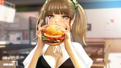 Rule 34 | 1girl, absurdres, blunt bangs, blurry, blurry background, blush, breasts, brown eyes, brown hair, burger, commentary request, depth of field, eating, food, hair ornament, highres, holding, holding food, indoors, jungon kim, korean commentary, looking at viewer, medium breasts, medium hair, nail polish, original, pink nails, solo, twintails, upper body