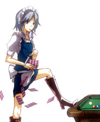 Rule 34 | 1girl, bad id, bad pixiv id, blue eyes, braid, card, female focus, food, inmir, izayoi sakuya, knife, looking at viewer, pocky, pool table, short hair, simple background, solo, table, touhou, white background