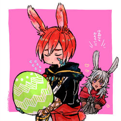 Rule 34 | 1boy, 1girl, :d, alternate ears, alternate tail, animal ears, armor, blush, border, closed eyes, crystal exarch, easter egg, egg, final fantasy, final fantasy xiv, flying sweatdrops, g&#039;raha tia, gauntlets, heart, heart-shaped eyes, holding, holding egg, itowo (itowc), lyna (ff14), material growth, open mouth, own hands together, purple background, purple eyes, rabbit ears, rabbit tail, simple background, smile, standing, tail, viera, white border