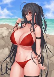 Rule 34 | 1girl, absurdres, ahoge, alternate costume, arm strap, azur lane, bare shoulders, beach, bikini, black choker, black hair, blue sky, breasts, choker, cleavage, closed mouth, cloud, collarbone, commentary, cowboy shot, crossed bangs, day, groin, hair between eyes, hand up, highres, holding, holding hair, large breasts, long hair, navel, ocean, outdoors, pinkcap, red bikini, red eyes, sidelocks, skindentation, sky, solo, standing, stomach, swimsuit, taihou (azur lane), thigh strap, very long hair, wrist wrap