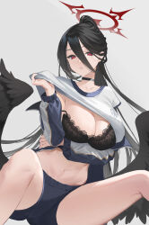 Rule 34 | 1girl, black bra, black choker, black hair, blue archive, bra, breasts, choker, collarbone, grey background, hair between eyes, halo, hasumi (blue archive), hasumi (track) (blue archive), highres, jacket, large breasts, long hair, long sleeves, looking at viewer, low wings, mhk (mechamania), navel, open clothes, open jacket, parted lips, ponytail, red eyes, shirt, shorts, simple background, solo, thighs, underwear, white shirt, wings