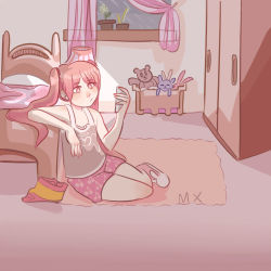 Rule 34 | 1girl, alternate costume, alternate hair ornament, alternate headwear, animal slippers, arm up, bed, bed frame, bed sheet, bedroom, blush, bunny slippers, carpet, cellphone, cherry print, child, curtains, danganronpa (series), danganronpa another episode: ultra despair girls, flower, flower pot, food print, frown, full body, ghostsouda, heart, heart print, lamp, lampshade, leaning back, legs together, looking at phone, matching hair/eyes, nose, on floor, phone, pink blanket, pink carpet, pink curtains, pink eyes, pink footwear, pink hair, pink legwear, pink shorts, reclining, rug, shirt, shorts, sitting, slippers, smartphone, socks, stuffed animal, stuffed rabbit, stuffed toy, tank top, teddy bear, thighs, thighs together, toy box, toybox, utsugi kotoko, wardrobe, white shirt, white tank top, white top, window, windowsill