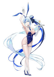 1girl animal_ears aokumo_rin arm_up armpits bare_shoulders blue_eyes blue_footwear blue_hair blue_leotard blue_necktie breasts cleavage covered_navel detached_collar elbow_gloves floating_hair full_body garter_straps gloves grey_hair high_heels leotard long_hair looking_at_viewer multicolored_hair necktie nonekong parted_lips playboy_bunny rabbit_ears simple_background solo standing stellive thighhighs v very_long_hair virtual_youtuber white_background white_gloves white_thighhighs