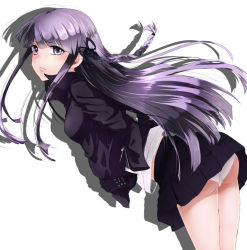Rule 34 | 1girl, ass, bare legs, bent over, black bow, black ribbon, bow, braid, braided ponytail, breasts, cameltoe, danganronpa: trigger happy havoc, danganronpa (series), ears, feet out of frame, female focus, gloves, hair between eyes, hair bow, hair ribbon, kirigiri kyoko, leather, leather gloves, legs, lips, long hair, long sleeved jacket, long sleeves, looking at viewer, matching outfits, medium breasts, midriff peek, panties, pantyshot, pleated skirt, purple eyes, purple hair, purple skirt, ribbon, shadow, shiny skin, shirt, simple background, skirt, solo, standing, studded gloves, thighs, turned around, turning head, underwear, white background, white panties, white shirt