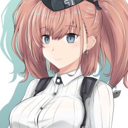 Rule 34 | 1girl, atlanta (kancolle), black hat, blush, breasts, brown hair, earrings, garrison cap, grey eyes, hair ornament, hat, highres, jewelry, kantai collection, large breasts, long hair, long sleeves, nipa (graf xsr900), shirt, solo, star (symbol), star earrings, two side up, upper body, white shirt