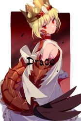 Rule 34 | 1girl, ahoge, bikini, blonde hair, braid, breasts, character name, crown, dragon claw, dragon tail, echo (circa), facial mark, fate/grand order, fate/grand order arcade, fate (series), french braid, hair bun, hair intakes, hair ribbon, long hair, looking at viewer, nero claudius (fate), nero claudius (fate) (all), open clothes, queen draco (fate), queen draco (second ascension) (fate), red bikini, red eyes, red ribbon, ribbon, robe, scales, small breasts, solo, swimsuit, tail, white robe